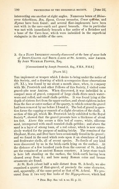 Flower’s announcement. Image source: Flower, John Wickham. “On a Flint Implement Recently Discovered … St. Acheul, near Amiens.” Quarterly Journal of the Geological Society of London, vol. 16, 1860, p. 190.