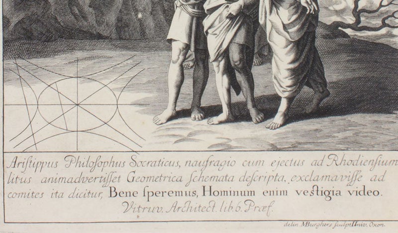 Conic sections in the sand, detail of engraved frontispiece by Michael Burghers, in Apollonii Pergaei Conicorum libri octo, ed. by Edmond Halley, 1710 (Linda Hall Library)