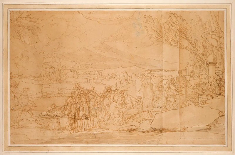 Preliminary sketch for Cicero Discovering the Tomb of Archimedes, pen and ink with wash over pencil on paper, Benjamin West, 1797, Royal Academy of Arts, London (royalacademy.org.uk)