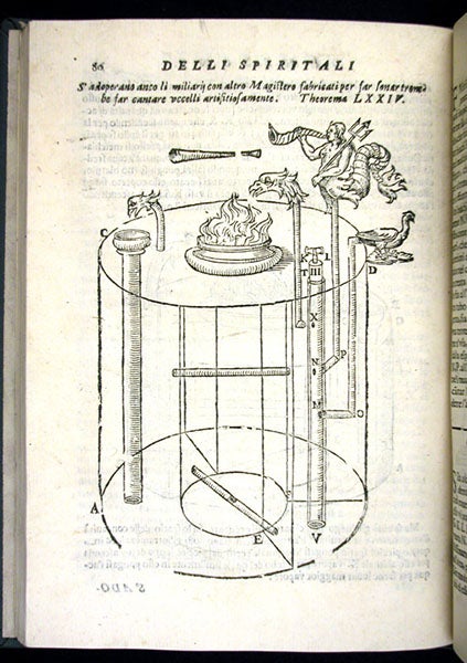 A singing bird and a pipe-playing satyr, powered by heated air, woodcut, Gli artificiosi, e curiosi moti spiritali di Herone, transl. by Giovanni Battista Aleotti, 1647 (Linda Hall Library)