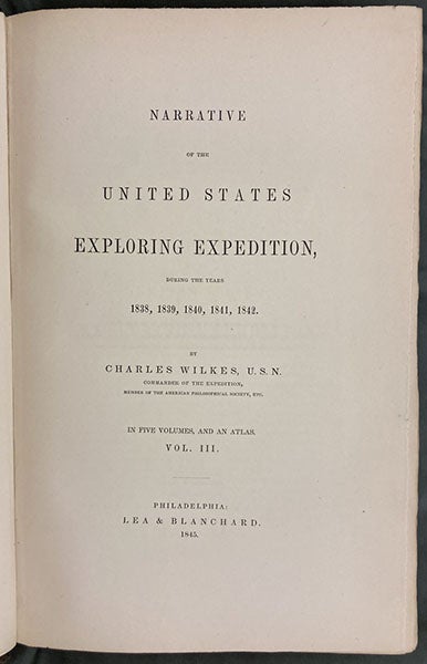 Title page, Narrative of the United States Exploring Expedition, by Charles Wilkes, 1845, quarto ed., vol. 3 (Linda Hall Library)