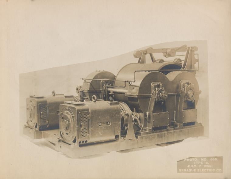 Electric elevator motor made by Sprague’s company, photograph, Frank J. Sprague Collection at the New York Public Library (digitalcollections.nypl.org)