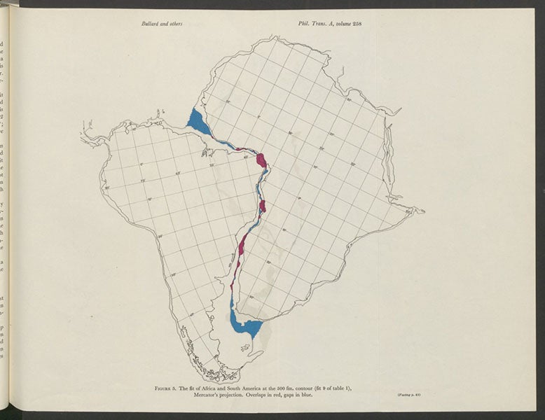 South America and Africa joined at 500-fathom depth, computer-generated map programmed by Jim Everett, in <i>Philosophical Transactions of the Royal Society of London</i>, vol. 258A, 1965 (Linda Hall Library)