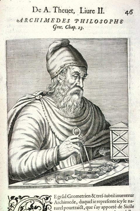 Portrait of Archimedes, engraving in Les vrais pourtrait & vies des hommes illustres, by André Thevet, vol 1, p 46, 1584, University of Wisconsin Libraries, Madison (photo by author)