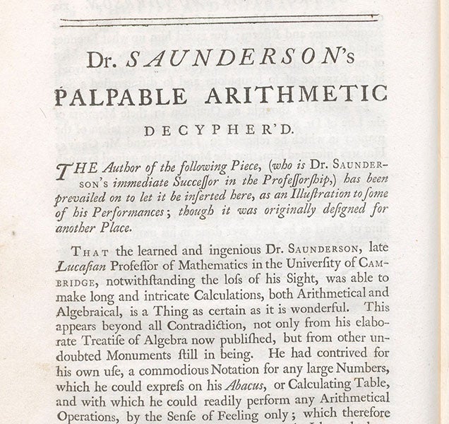 Introduction to “Palpable Arithmetic,” The Elements of Algebra, by Nicholas Saunderson, vol. 1, 1740 (Linda Hall Library)