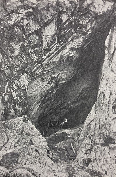 Goat’s Hole, part of the Paviland Cave system, Gower Peninsula, Wales, where the Red Lady of Paviland was discovered in 1823, photograph in “Paviland Cave: An Aurignacian station in Wales,” by William J. Sollas, Journal of the Royal Anthropological Institute, vol. 43, plate 21, fig. 4, 1913 (Linda Hall Library)