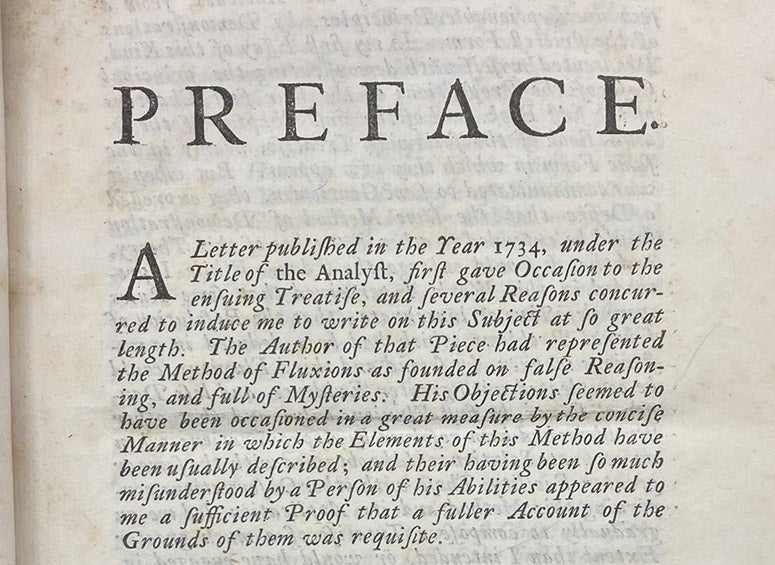Opening paragraph of the preface, mentioning The Analyst of 1734 as the inspiration for his book, in A Treatise of Fluxions, by Colin Maclaurin, 1742 (Linda Hall Library)