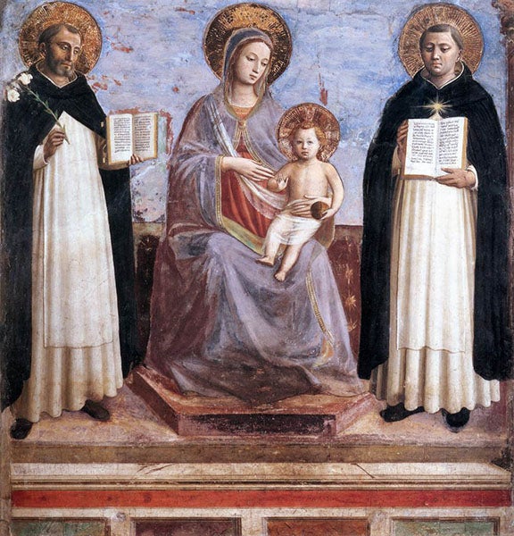 <i>Virgin and Child with Saints Dominic and Thomas Aquinas</i>, by Fra Angelico, ca 1445, with Thomas Aquinas at left, fresco transferred to canvas, The Hermitage, St. Petersburg (wga.hu)