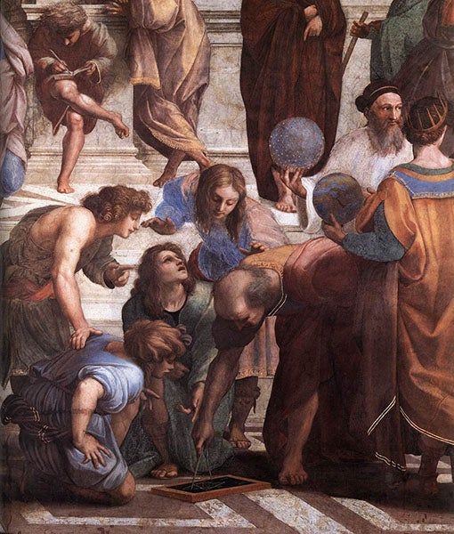 Euclid of Alexandia (with a compass and bald head, modelled after Donato Bramante), detail of right foreground of The School of Athens, fresco, by Raphael Sanzio, Stanza della Segnatura, Vatican, 1509-11, Web Gallery of Art (wga.hu)