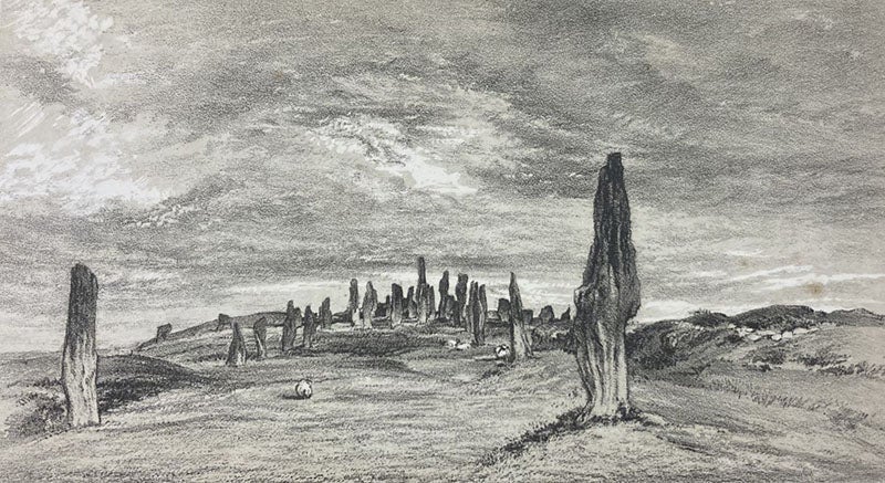 The Callanish stones on the island of Lewes, lithograph frontispiece in Prehistoric Annals of Scotland, by Daniel Wilson, vol. 1, 1863 (Linda Hall Library)