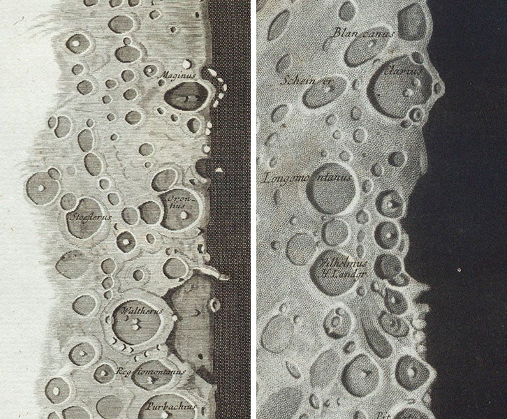 Detail of the first and second images, showing the techniques of line engraving (left) and mezzotint (right) (Linda Hall Library)
