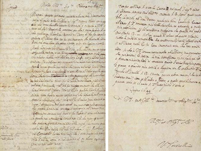 Autograph letter from Evangelista Torricelli to Michelangelo Ricci, June 11, 1644, in which Torricelli reveals that he has produced a vacuum in the sealed top of a glass tube filled with mercury, and surmises that atmospheric air has weight (Museo Galileo)