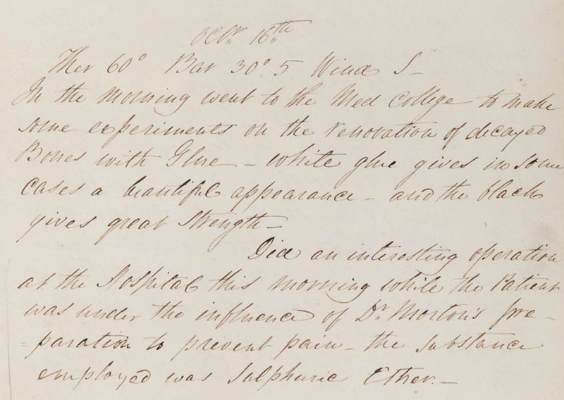 Excerpt from the journal of John Collins Warren describing the first public demonstration of ether anesthesia (Massachusetts Historical Society)