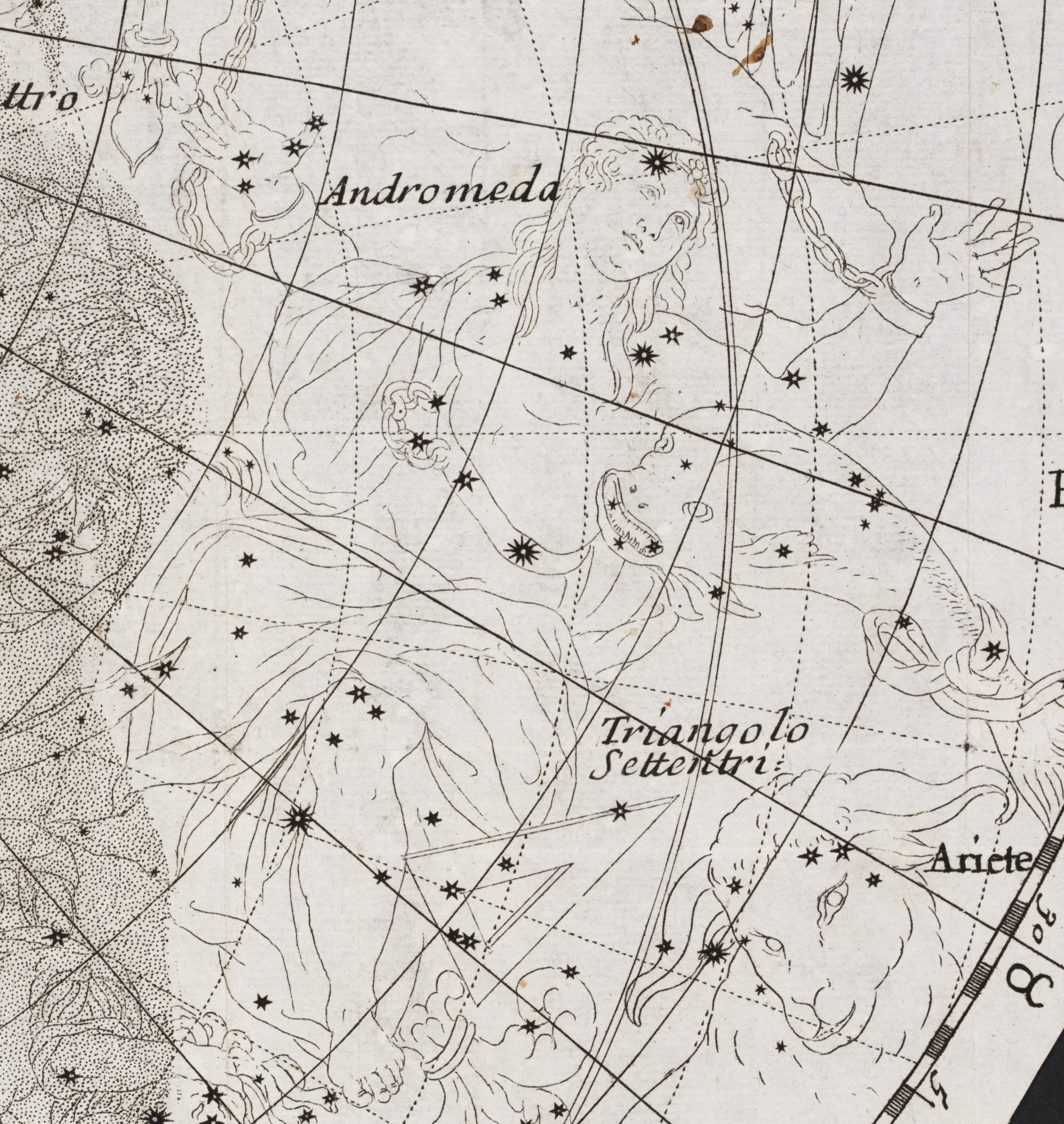 Andromeda. Image source: Coronelli, Vincenzo Maria. Epitome cosmografica. Cologne: Ad istanza di Andrea Poletti in Venetia, 1693. 
