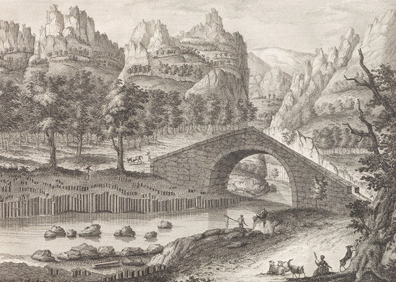 Prismatic basalt cut through by a river, detail of an engraving, Barthélemy Faujas-de-Saint-Fond, Recherches sur les volcans éteints du Vivarais et du Velay, 1778 (Linda Hall Library)