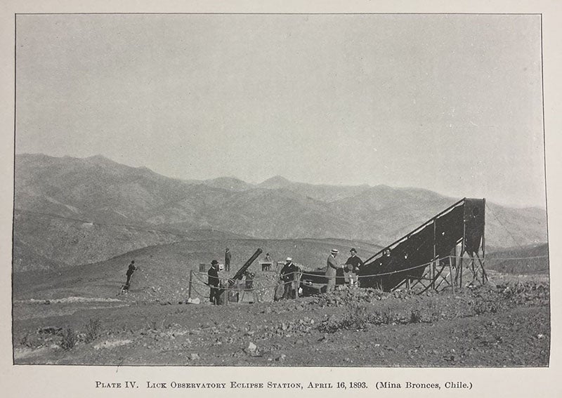 40-foot eclipse camera, designed by J. M. Schaeberle and set up at Mina Bonces, Chile, “Report on the total eclipse of the Sun, observed at Mina Bronces, Chile, on April 16, 1893,” by J. M. Schaeberle, Contributions from the Lick Observatory, no. 4, pl. 4, p. 33, 1895 (Linda Hall Library)