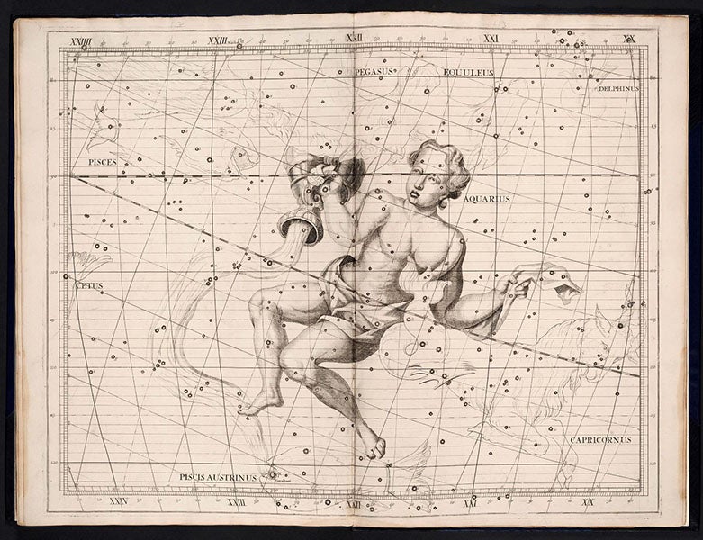 Aquarius, constellation figured by James Thornhill, with star positions determined by John Flamsteed, in Atlas coelestis, plate [24], 1729 (Linda Hall Library)