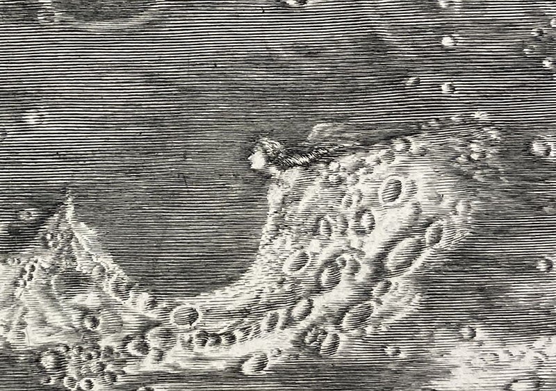 “Moon maiden,” Cape Heraclides on the Sinus Iridium, near the north limb of the Moon, detail of "Carte de la lune de Jean Dominique Cassini," drawn by Jean Patigny, 1787 imprint of 1679 engraving, with South at the top (Linda Hall Library)
