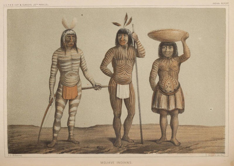 Mohave Indians, chromolithograph from a sketch by Balduin Möllhausen, Explorations and Surveys for a Railroad Route from the Mississippi River to the Pacific Ocean: Route near the Thirty-Fifth Parallel, by Amiel W. Whipple (Pacific Railroad Report, 3), 1856 (Linda Hall Library)
