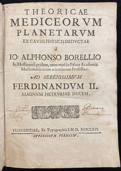 Title page, Theoricae Mediceorvm planetarvm ex cavsis physicis dedvctae, by Giovanni Alfonso Borelli, 1666 (Linda Hall Library)