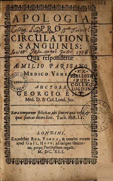 Title page of Apologia pro circulatione sanguinis, a defense of William Harvey’s discovery of the circulation of the blood, by George Ent, 1641, Lyon Public Library (books.google.com)