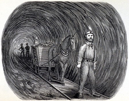 Mule in the tunnel. Image source: The Tunnels and Water System of Chicago: Under the Lake and Under the River. Chicago: J.M. Wing & Co., 1874, p. 59.
