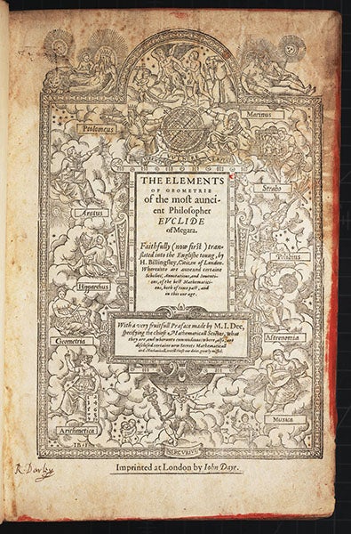 Woodcut title page to Euclid, <i>Elements of Geometrie</i>, translated by Henry Billingsley, 1570 (Linda Hall Library)