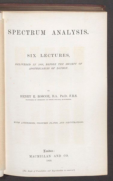 Title page, Spectrum Analysis, by Henry Enfield Roscoe, 1869 (Linda Hall Library)