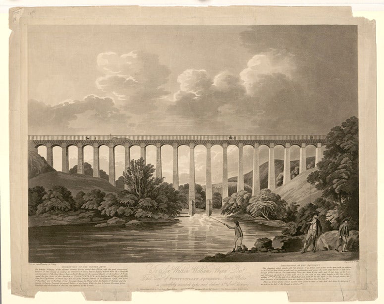 Pontycysyllte aqueduct, carrying the Llangolllen Canal over the River Dee, Wales, designed by Thomas Telford, erected 1805; contemporary engraving (Wikimedia commons)