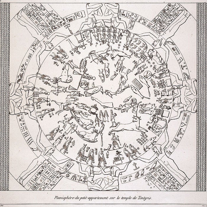 Vivant Denon published the first drawing of the Zodiac in his Voyage dans la Basse et la Haute Égypte (Paris, 1802). Since the zodiac was on the ceiling of a dark chapel, he had to lie on his back and draw by candlelight.