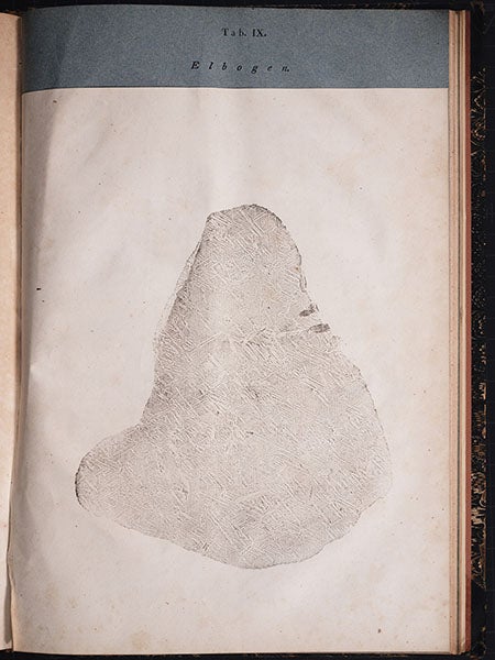 : Engraving printed directly from a polished face of the Elbogen meteorite, perhaps printed by W himself, and included in Karl Ritter von Schreibers, Beytrage zur Geschichte und Kenntniss meteorischer Stein- und Metall-Massen, 1820 (Linda Hall Library)