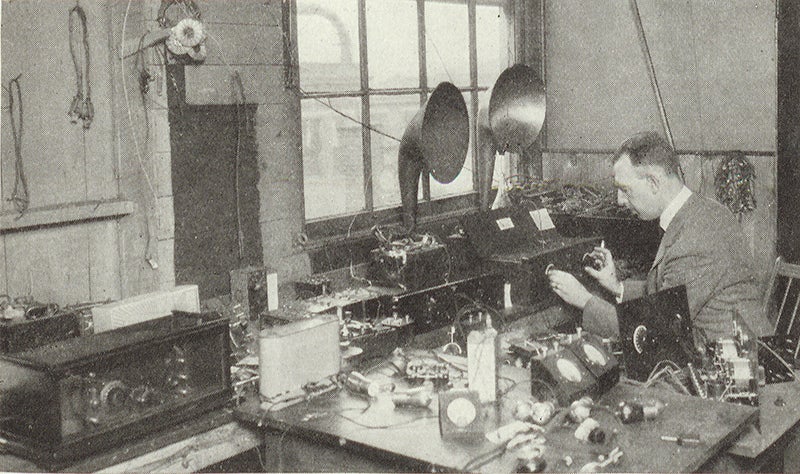 Powel Crosley, Jr. checking the performance of a radio receiver. Photograph published in the November 1924 issue of Radio Broadcast (Linda Hall Library)