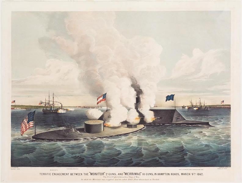 The <i>Monitor</i> and the <i>Merrimac</i>, colored lithograph, Currier &amp; Ives (Springfield Museums)