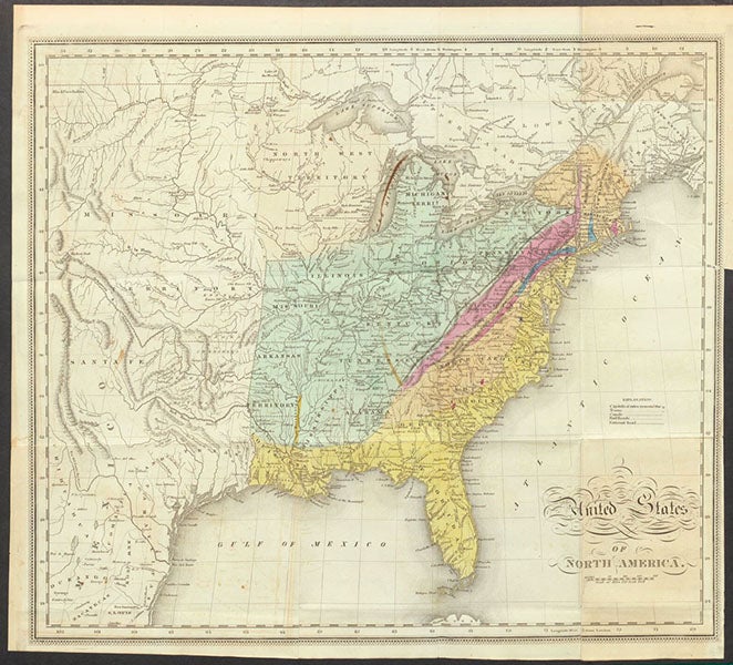 Geological map of eastern North America, by William Maclure, hand-colored engraved frontispiece in his Observations on the Geology of the United States of America, 1817 (Linda Hall Library)