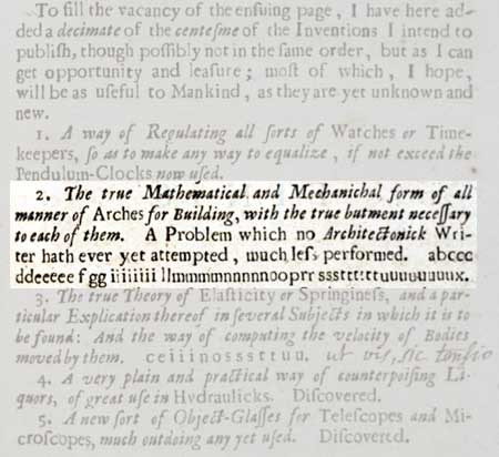 Hooke's anagram for the "law of the arch". Image source: Hooke, Robert. Lectiones Cutlerianæ, or A Collection of Lectures: Physical, Mechanical, Geographical, & Astronomical. London: Printed for John Martyn, 1679, p. 31.