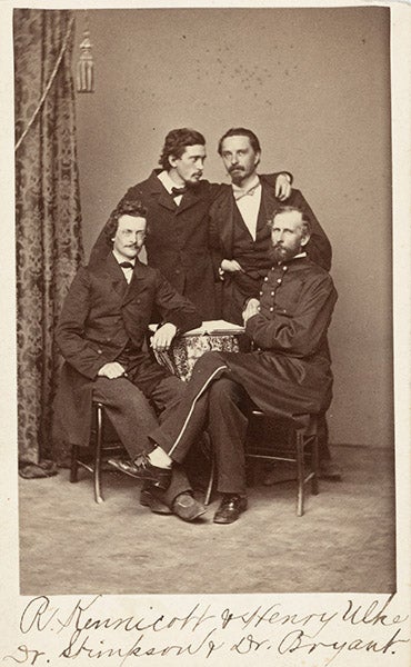 Four members of the Megatherium Club, Smithsonian Institution, with Robert Kennicott at top left, photograph, ca 1863, National Portrait Gallery, Smithsonian Institution (si.edu)