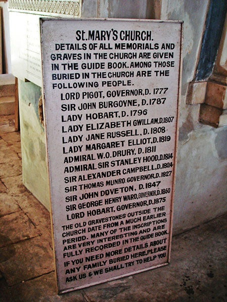 Placard at St. Mary’s Church in Madras (Chennai), commemorating important persons buried in the churchyard, including Elizabeth Gwillim (Wikimedia commons)