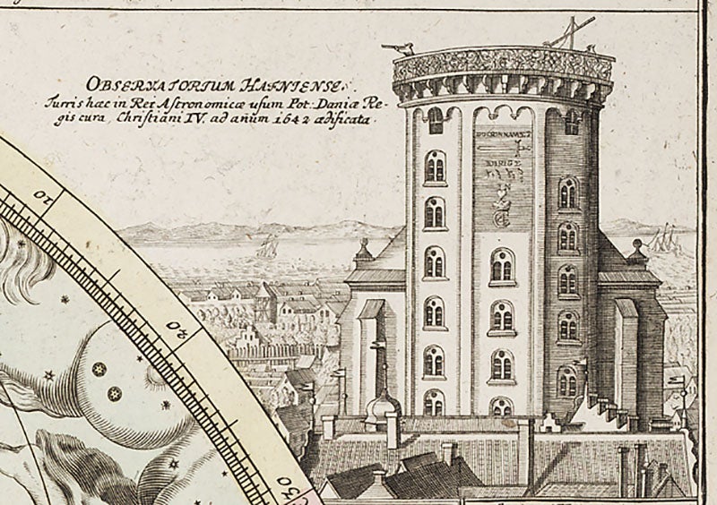 The Round Tower observatory of Copenhagen, of which Longomontanus was director, detail from a star map in Johann Doppelmayr, <i>Atlas coelestis</i>, 1742 (Linda Hall Library)