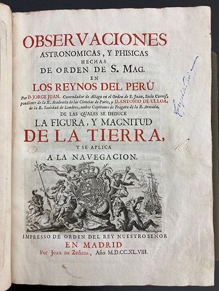 Title page, Observaciones astronomicas, y phisicas, by Jorge Juan y Santacilia and Antonio de Ulloa, 1748 (Linda Hall Library)