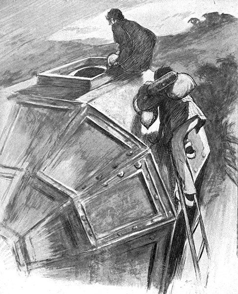 The octagonal sphere with cavorite panels that will take its passengers to the Moon, plate in The First Men in the Moon, by H.G. Wells, 1901 (Wikimedia commons)