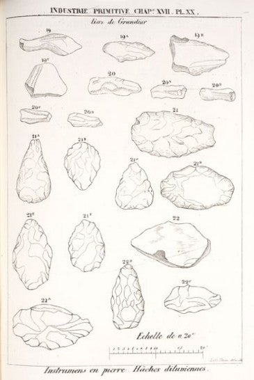 Abbeville flints. Image source: Boucher de Perthes, Jacques. Antiquités celtiques et antédiluviennes. Vol. 1, Paris: Treuttel et Wurtz, Derache, Dumoulin, Victor Didron, 1847, pl. 20.
View Source »
