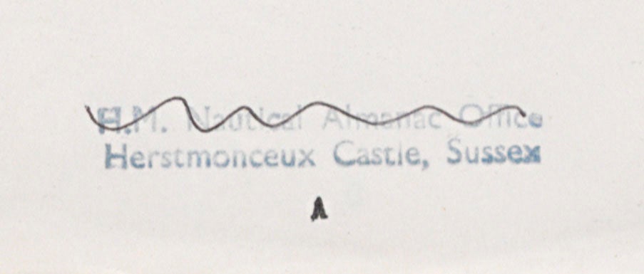 Ownership stamp of the H.M. Nautical Almanac Office, struck through. From the LHL copy of A Survey of Domestic Electronic Digital Computing Systems, by Martin H. Weik, 1955, front wrapper and title page.