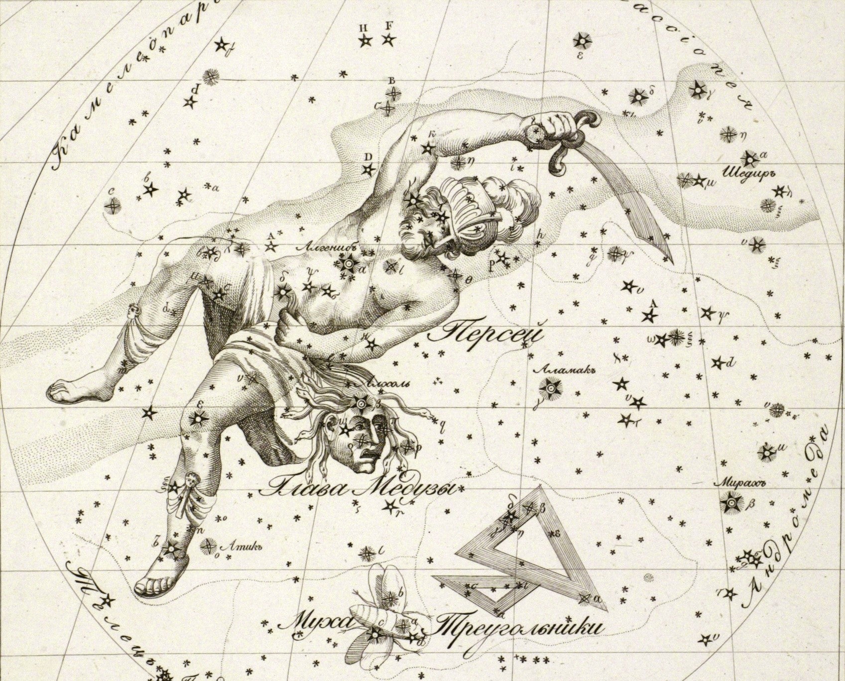 Perseus. Image source: Reĭssig, Kornelius. Sozvi︠e︡zdīi︠a︡ predstavlennyi︠a︡ na XXX tablit︠s︡akh. St. Petersburg: Tipografīi︠a︡ Kh. Gint︠s︡a, 1829, pl. 4.
