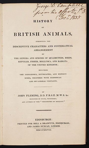 Title page, John Fleming, History of British Animals, 1828 (Linda Hall Library)