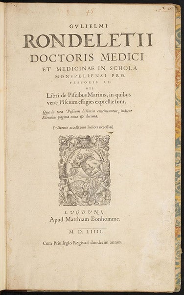 Title page, Libri de piscibus marinis, by Guillaume Rondelet, 1554-55 (The Linda Hall)