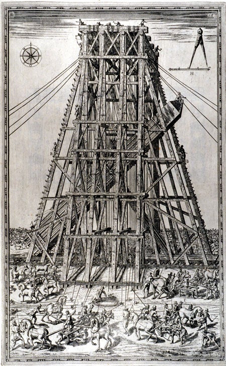 Lowering the Vatican obelisk. Image source: Fontana, Domenico. Della Trasportatione dell' Obelisco Vaticano. Rome: Appresso Domenico Basa, 1590, pp. 18-19.
