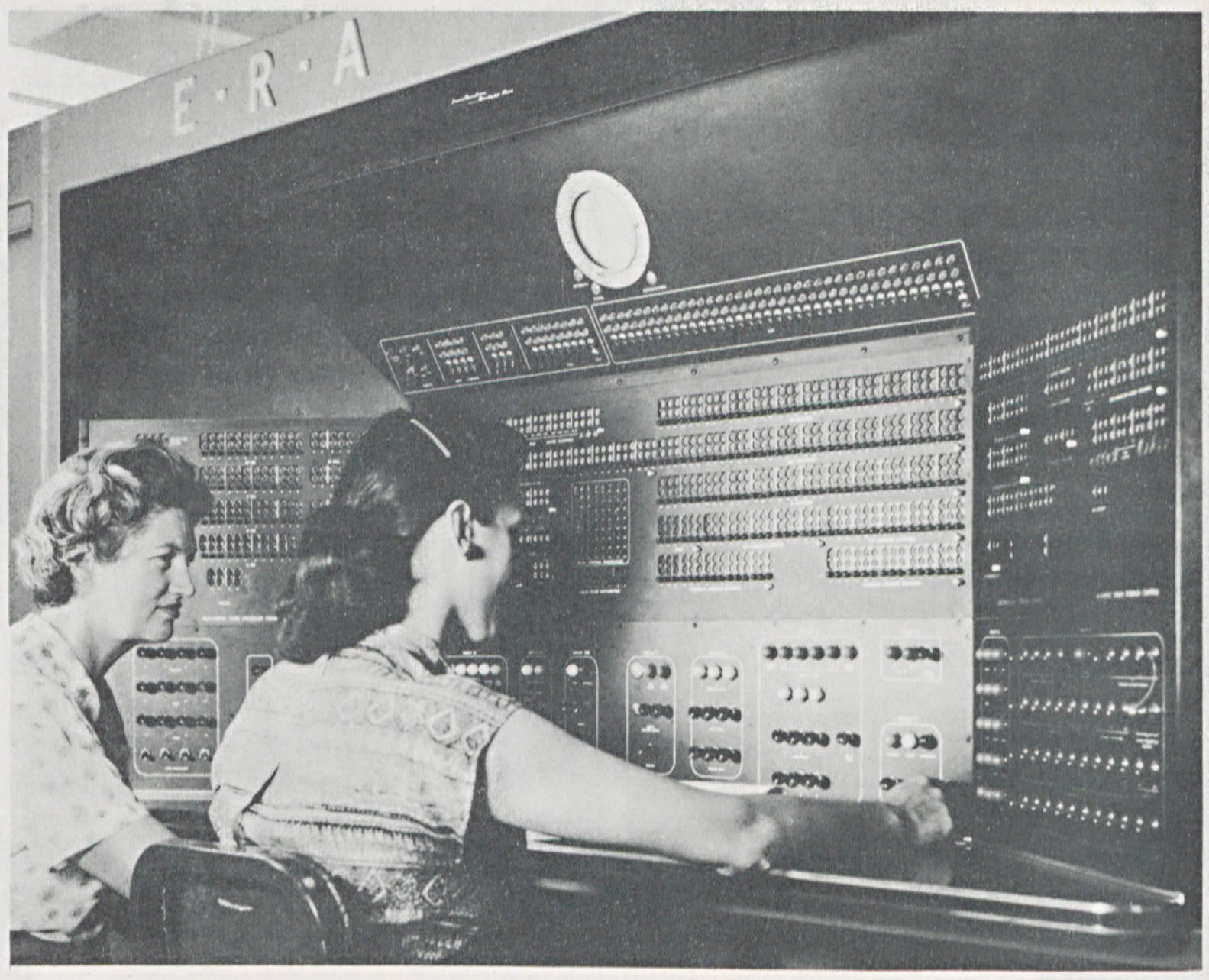 Two women program and operate a UNIVAC-SCI computer, in A Survey of Domestic Electronic Digital Computing Systems, by Martin H. Weik, 1955, p. 189.