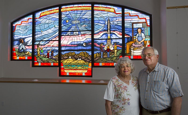 Stained-glass window commemorating the life of Clyde Tombaugh, at Unitarian Universalist Church, Las Cruces, New Mexico (nbcnews.com)