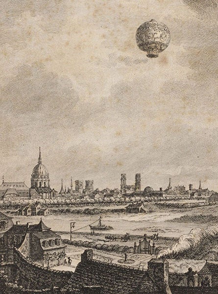 First free ascent of a manned hot-air Montgolfier balloon, Nov. 21, 1783, with Pilâtre de Rozier and Francois d’Arlandes on board, detail of engraved frontispiece, in Description des expériences de la machine aérostatique de MM. de Montgolfier, by Barthélemy Faujas-de-Saint-Fond, vol. 2, 1783-84 (Linda Hall Library)