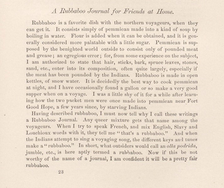 Another segment from Robert Kennicott’s journal, humorously describing a Rubbaboo, as printed in Transactions of the Chicago Academy of Sciences, vol. 1, page 177, 1867-69 (Linda Hall Library)